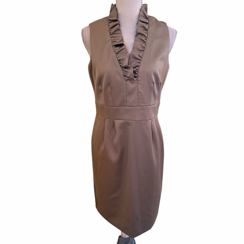 Jessica Howard Taupe Satin Sleeveless Ruffle Trim Sheath Dress 10P
